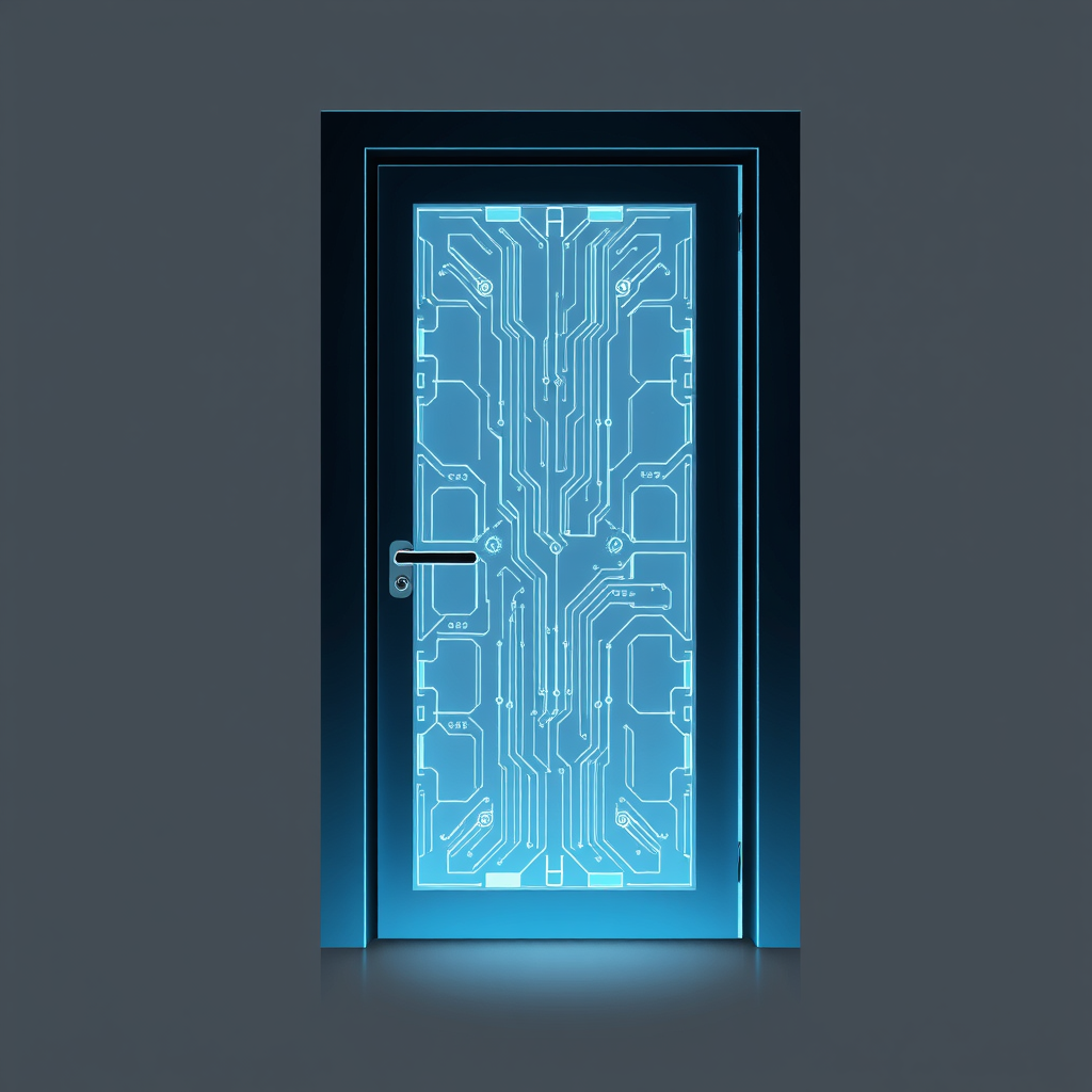 An icon featuring a door that appears to be composed of interconnected holographic panels. The panels are slightly transparent, with faint circuitry patterns visible underneath.