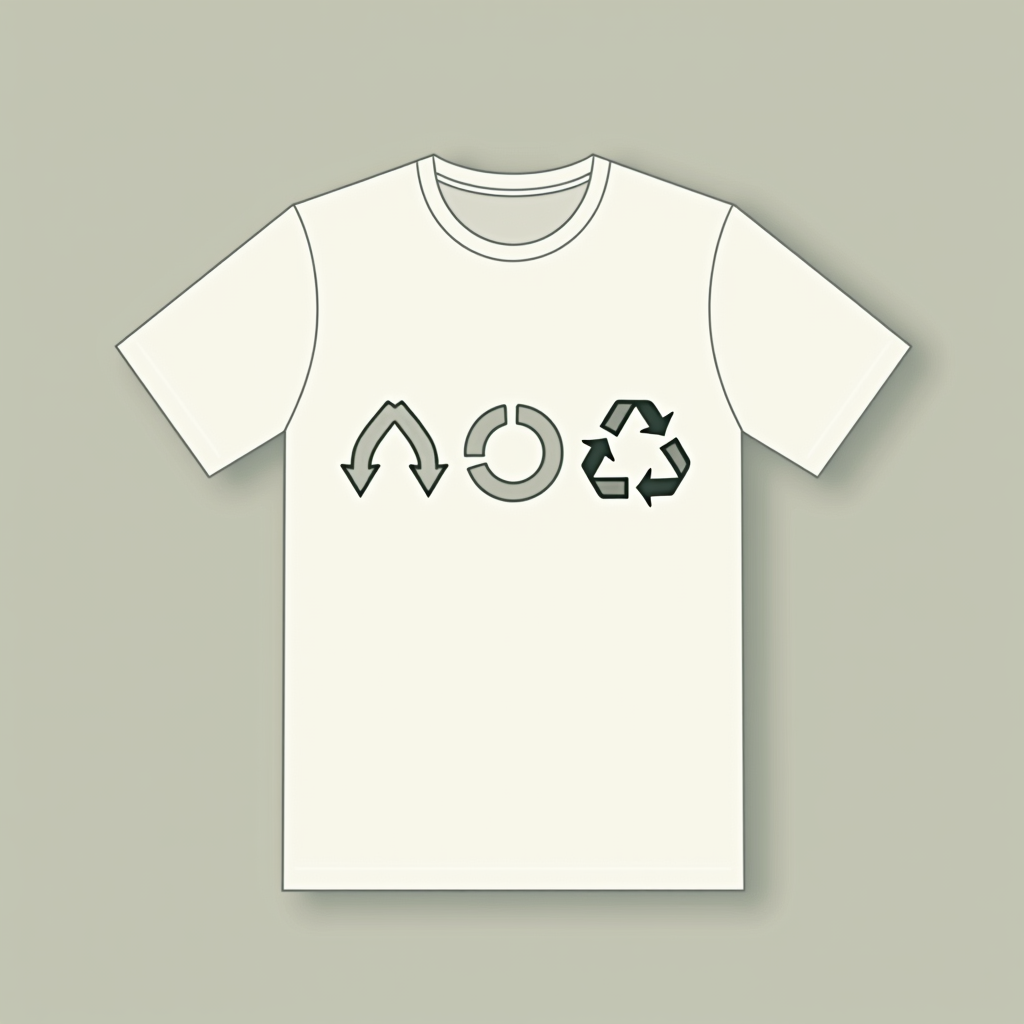 A single, flowing line forms three distinct minimalist icons for 'Reduce' (e.g., downward arrow), 'Reuse' (e.g., circular arrow/loop), and 'Recycle' (e.g., simplified three-arrow motif) in a continuous sequence across the chest or as a small emblem.