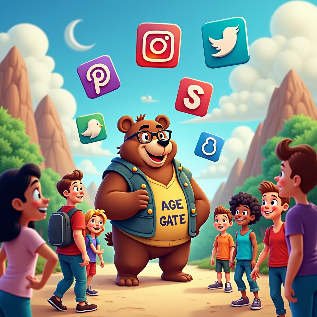 Sub-design idea: Illustrate popular social media app icons transformed into 'levels' or 'zones' in a quest, where young users must pass an 'age-gate' checkpoint, managed by a Guardian, to proceed or access certain features.