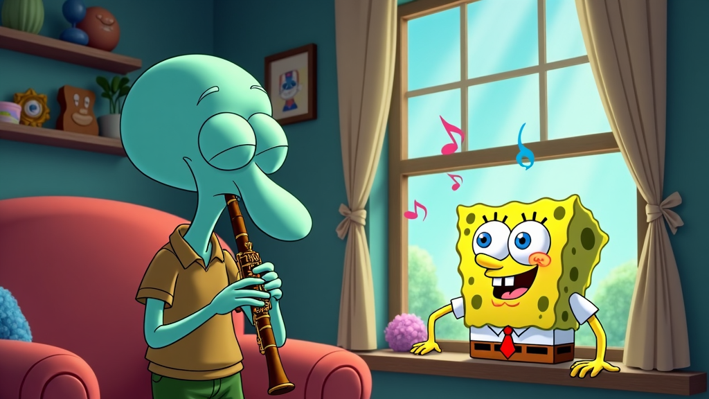 Squidward playing his clarinet passionately in his living room with musical notes floating in the air and SpongeBob listening outside the window.