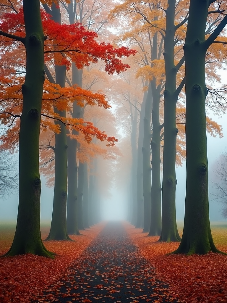 A path in a foggy park, lined with tall trees shedding their colorful autumn shades.