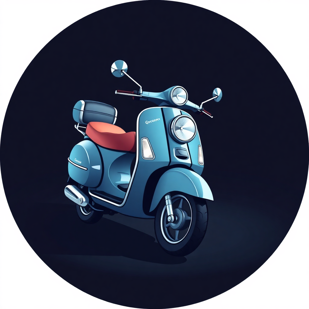 The image is a digital illustration of a blue scooter. The scooter is in the center of the image, with a black background. It has a round shape with a white border around the edges. The front of the scooter has a red seat and a black handlebar. The handlebars are curved and there are two mirrors on either side of the handlebars. The headlight is turned on and there is a small headlight on the front. The wheels are silver and appear to be in good condition. The overall style of the illustration is modern and minimalistic.