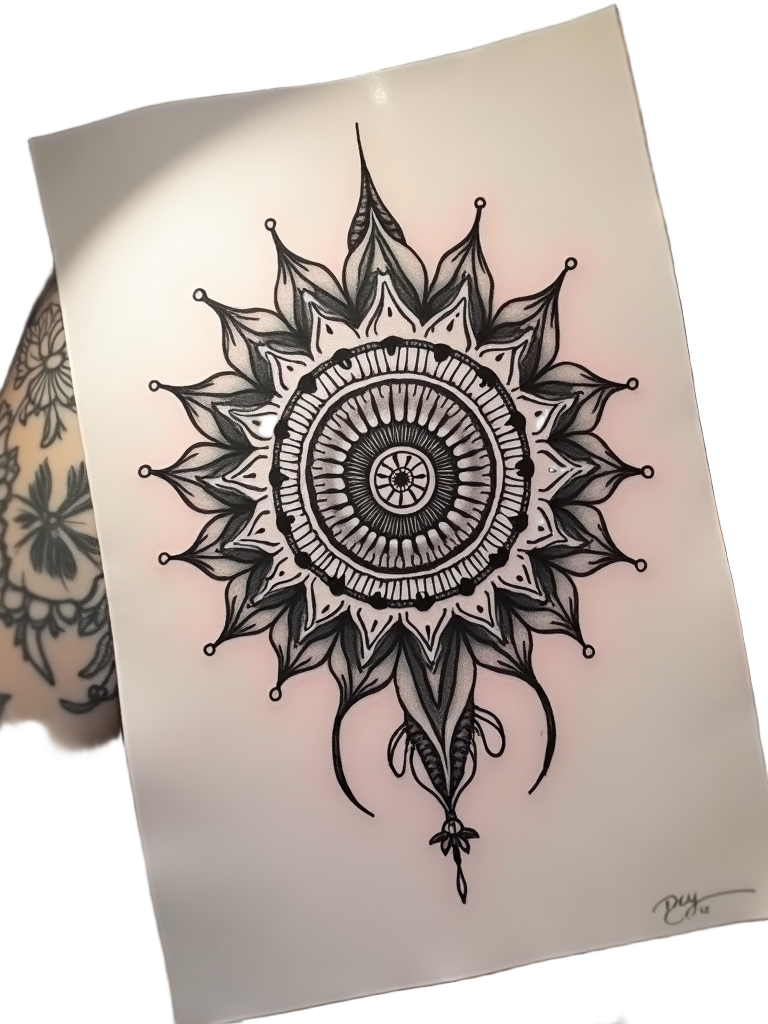 An intricately designed mandala tattoo on a shoulder blade, filled with geometric patterns and symmetrical shapes, representing balance and harmony.