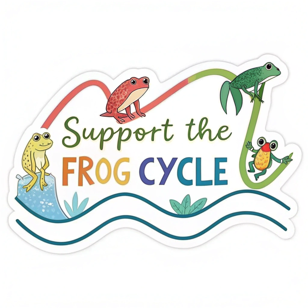 Morphing Stages Sticker: Create a dynamic illustration where each stage visibly transforms into the next along a path (e.g., a swirl or wavy line). Include the message 'Support the Frog Cycle'. Use vibrant colors.