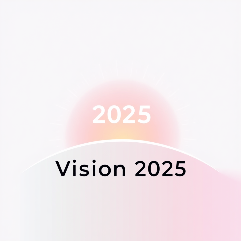 Ascendant Horizon: A clean, modern horizon line with '2025' rising above it like a sun. Abstract light rays or digital patterns emanate upwards, signifying 'Vision 2025' and a new dawn for Pride, using a palette of bright gradients.