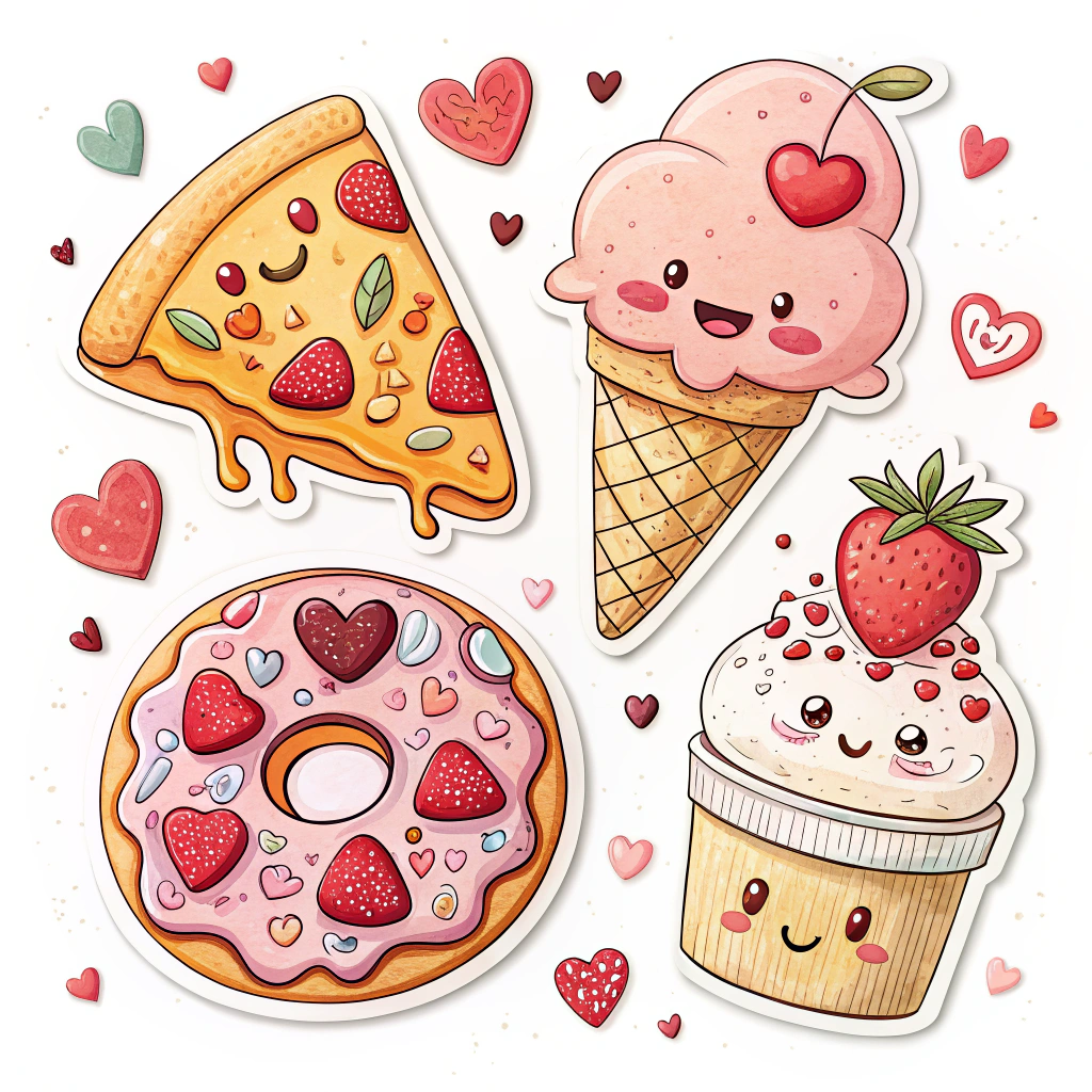 A set of cute stickers featuring various food items like pizza, donuts, and ice cream, all decorated with hearts and romantic elements, using a playful, colorful art style.