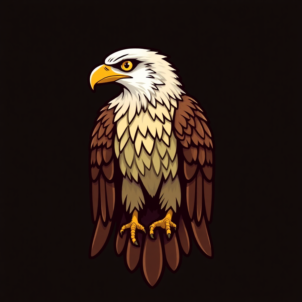 The image is a digital illustration of a bald eagle. The eagle is facing towards the right side of the image and its head is turned slightly to the left. It has a white head with a yellow beak and a brown body. Its wings are spread out and its talons are visible. The background is black, making the eagle stand out. The image has a simple and cartoon-like style.