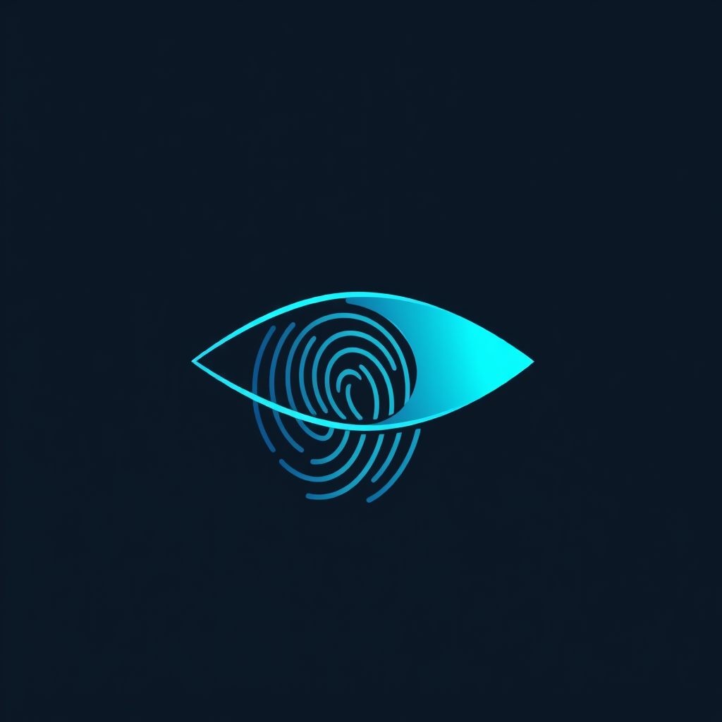 Sub-design 4 (Abstract Digital Gaze): A minimalist and abstract glyph that merges the characteristic curves of a fingerprint with the almond shape of an eye. The design uses sharp, clean lines and a cool, luminous color palette to denote digital precision and constant vigilance.