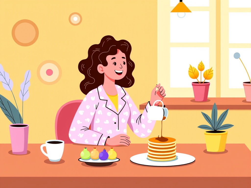  a young woman sitting at a kitchen table with a stack of pancakes in front of her. She is wearing a pink pajama set with white polka dots and has curly brown hair. The woman is holding a white teapot and is pouring tea into a stack on top of the pancakes. There is a cup of coffee on the table next to her. On the table, there are two potted plants and a plate of fruit. The background shows a window with yellow curtains and a potted plant on the windowsill. The overall color scheme of the image is bright and cheerful.