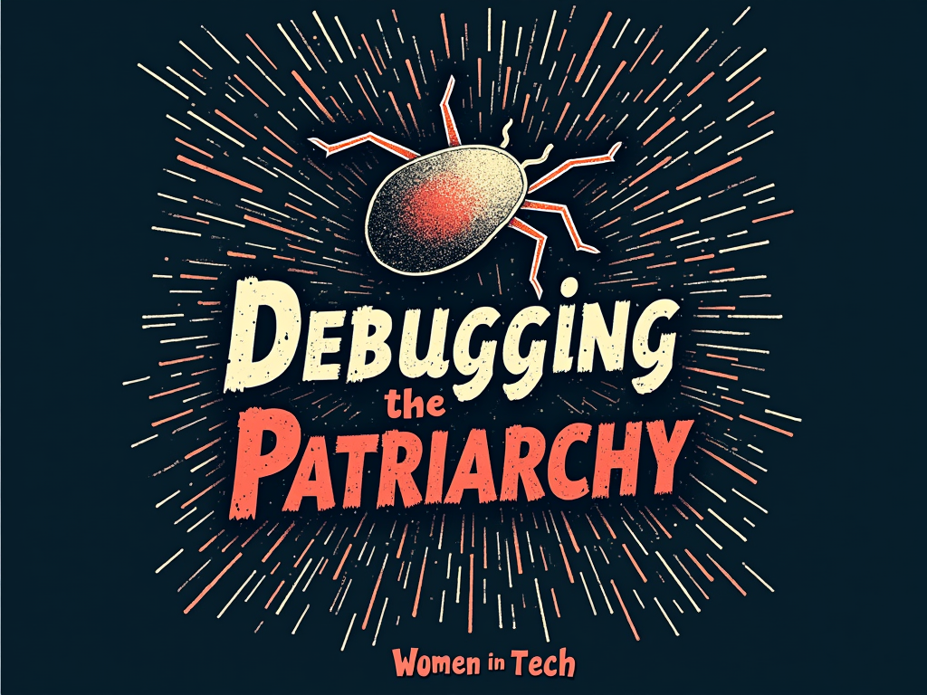 Code & Bug Squashing Theme: A T-shirt design featuring lines of stylized code as a backdrop, with a visually prominent 'bug' icon being squashed or deleted from the word 'PATRIARCHY.' The slogan 'Debugging the Patriarchy' is central, with 'Women in Tech' as a subtle header or footer statement.