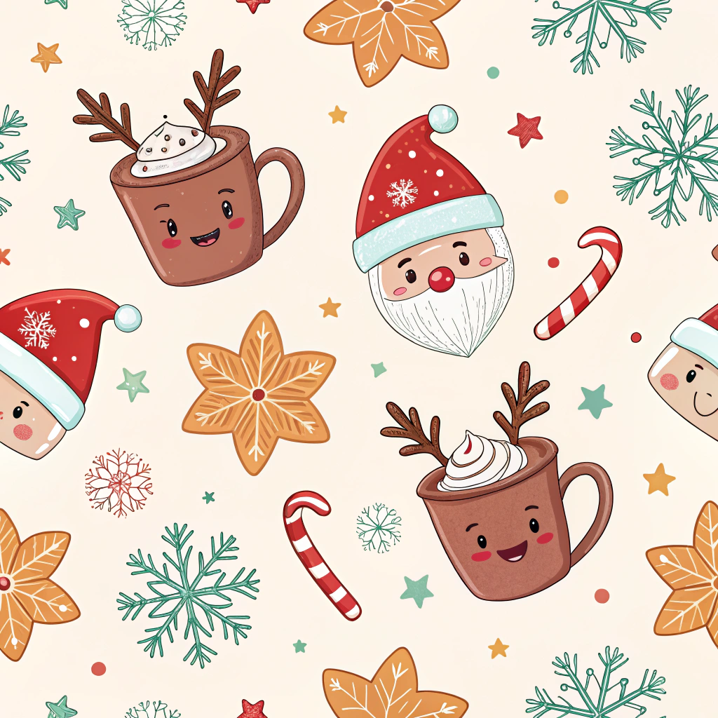 A close-up of a mug designed with playful Christmas patterns like Santa hats, snowflakes, and reindeer, with a candy cane stick dipping into hot cocoa.