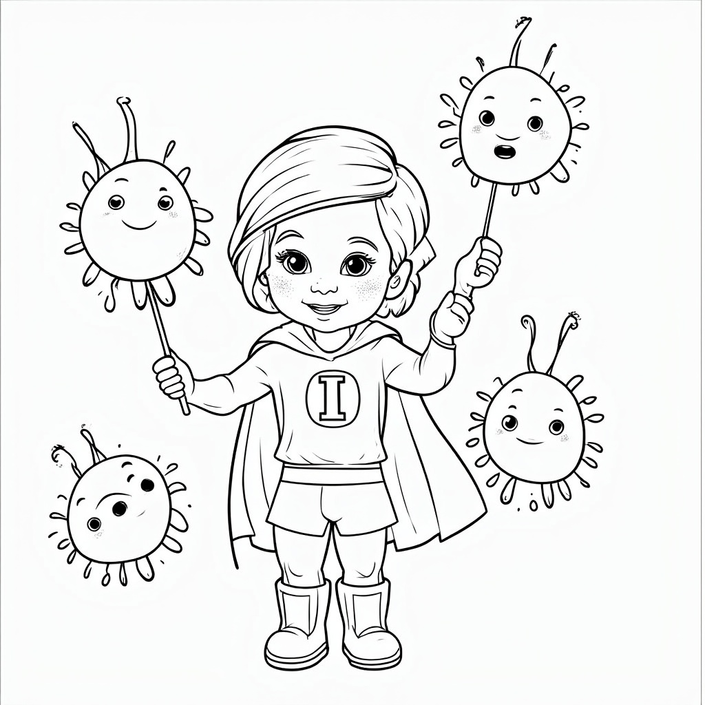 Immunity Super Kid: A child depicted as a superhero, 'Immunity Kid,' complete with a cape and a symbol (e.g., an 'I' for Immunity or a shield with a vaccine droplet). The superhero is cheerfully deflecting or trapping comical, sad-looking measles germs with a playful, non-threatening 'weapon' like a bubble wand or a bright light beam.