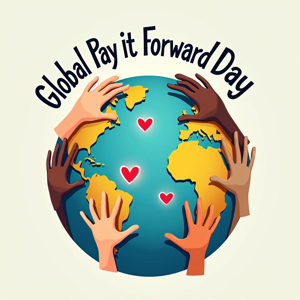 A stylized globe graphic featuring diverse hands reaching out from different continents, passing a small, glowing heart between them. Text 'Global Pay It Forward Day' arcs above or below.