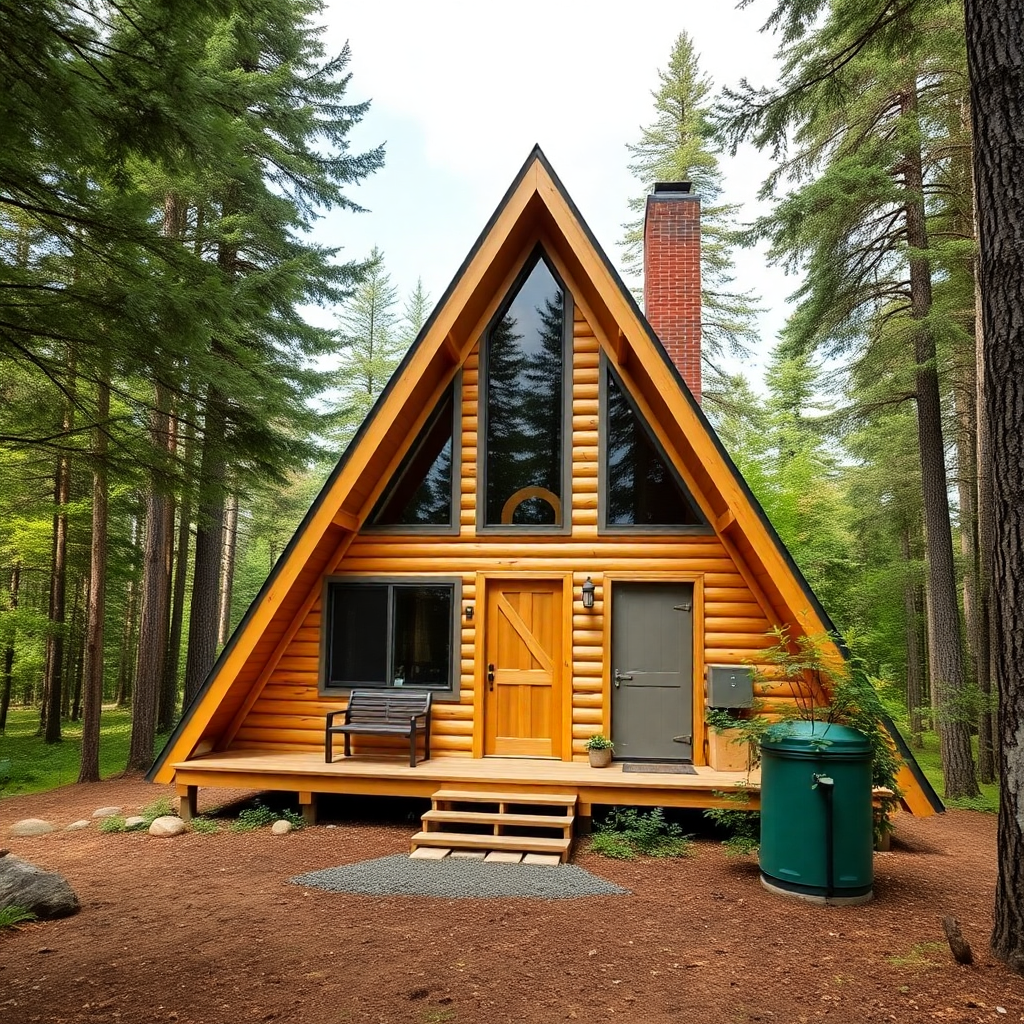 A-frame cabin that is designed as an off-grid retreat with solar panels, rainwater harvesting, and a composting toilet, emphasizing self-sufficiency and minimal environmental impact.