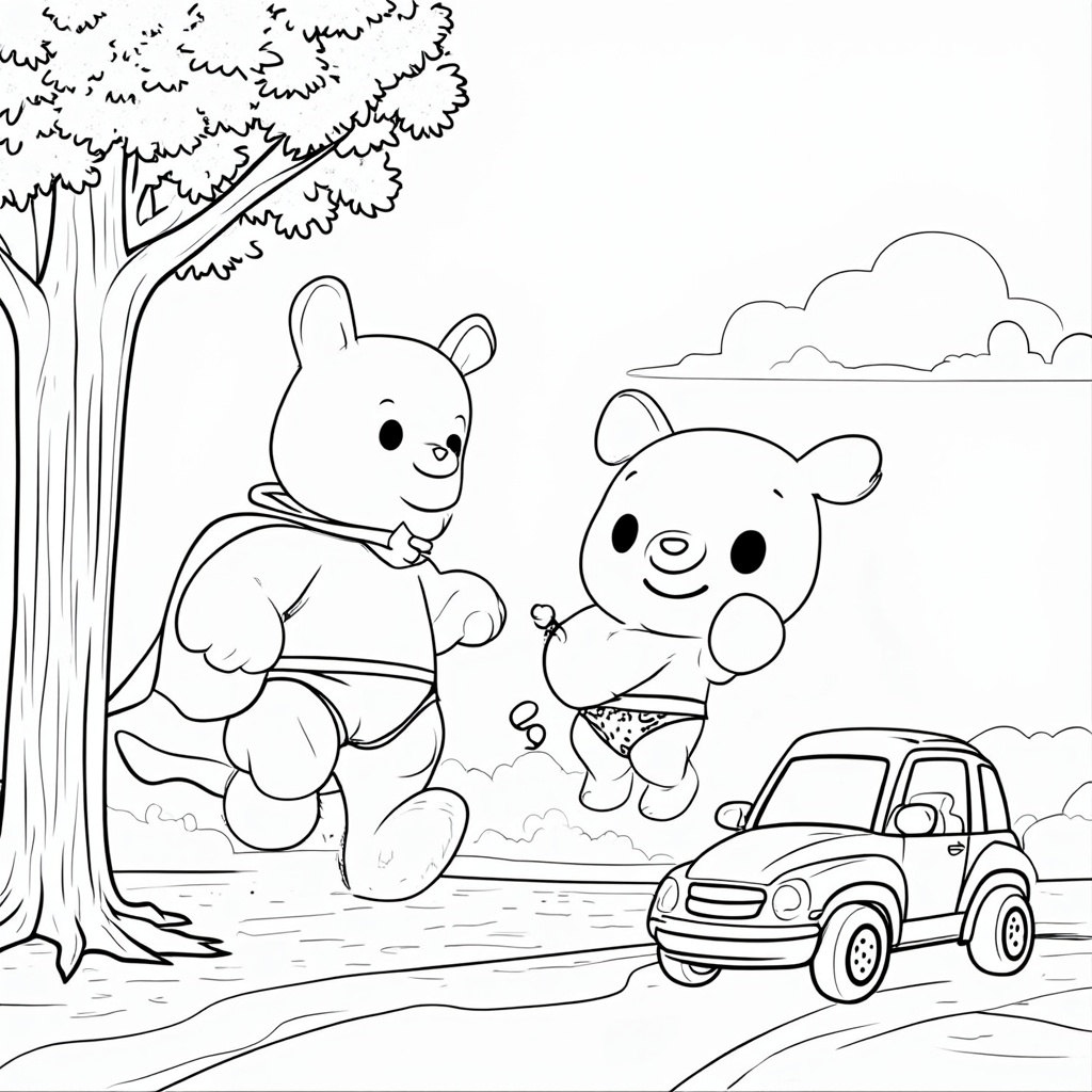 Gummy Bear Superhero 'Saving the Day': A gummy bear in a homemade superhero costume (e.g., a towel cape, underwear on the outside) comically attempting to 'rescue' a cat (another gummy animal or a toy) stuck in a very low tree, or 'stopping' a runaway toy car.