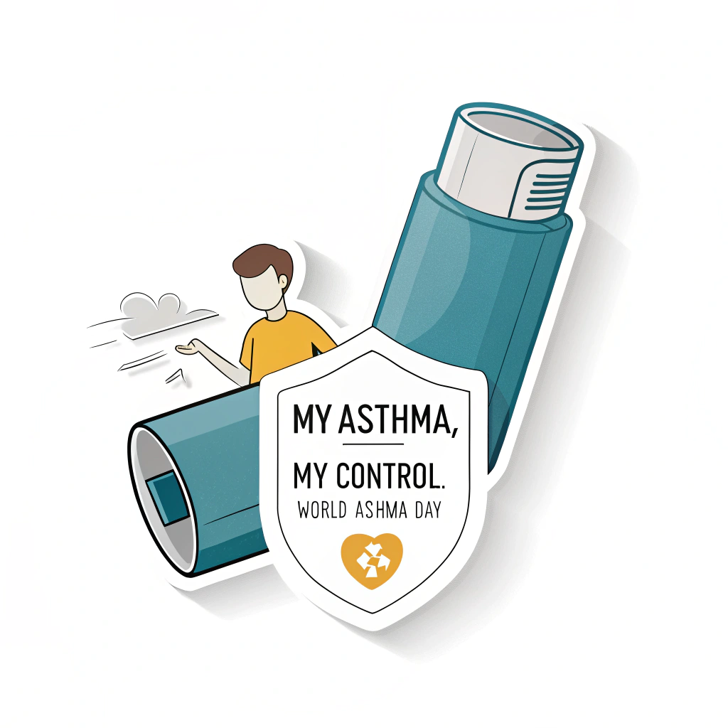 Sub Design Idea 3: The 'My Control' Inhaler - Sticker illustrates an inhaler with a confident design, possibly held by a hand or with a small shield icon on it. Text: 'My Asthma, My Control. World Asthma Day.'