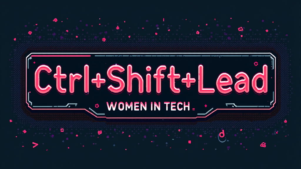 Retro-tech inspired design: Uses pixel art elements or an 8-bit style font for 'Ctrl+Shift+Lead'. The slogan could be enclosed in a command line interface box or a stylized dialogue window. 'Women in Tech' is presented in a contrasting modern font for a vintage-modern fusion.