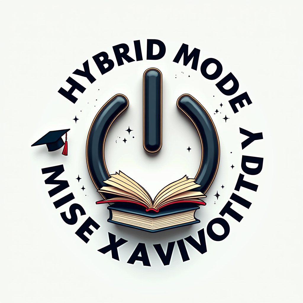 An illustration of a classic power button symbol ('on' switch) creatively merged with educational icons like a book or a graduation cap. The phrase 'Hybrid Mode Activated' encircles or integrates with the symbol.