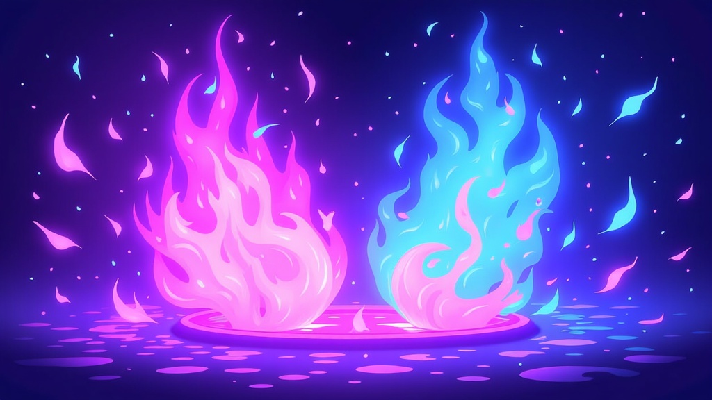  two flaming torches on a dark blue background. The torches are in the center of the image, with one on the left and the other on the right. The flames are pink and blue in color, with the pink flame on the top and the blue flame in the middle. They are surrounded by small pink and purple confetti particles, creating a festive and celebratory atmosphere. The background is a gradient of blue and purple, with small white dots scattered throughout. The overall color scheme is bright and vibrant, giving the image a sense of energy and excitement.