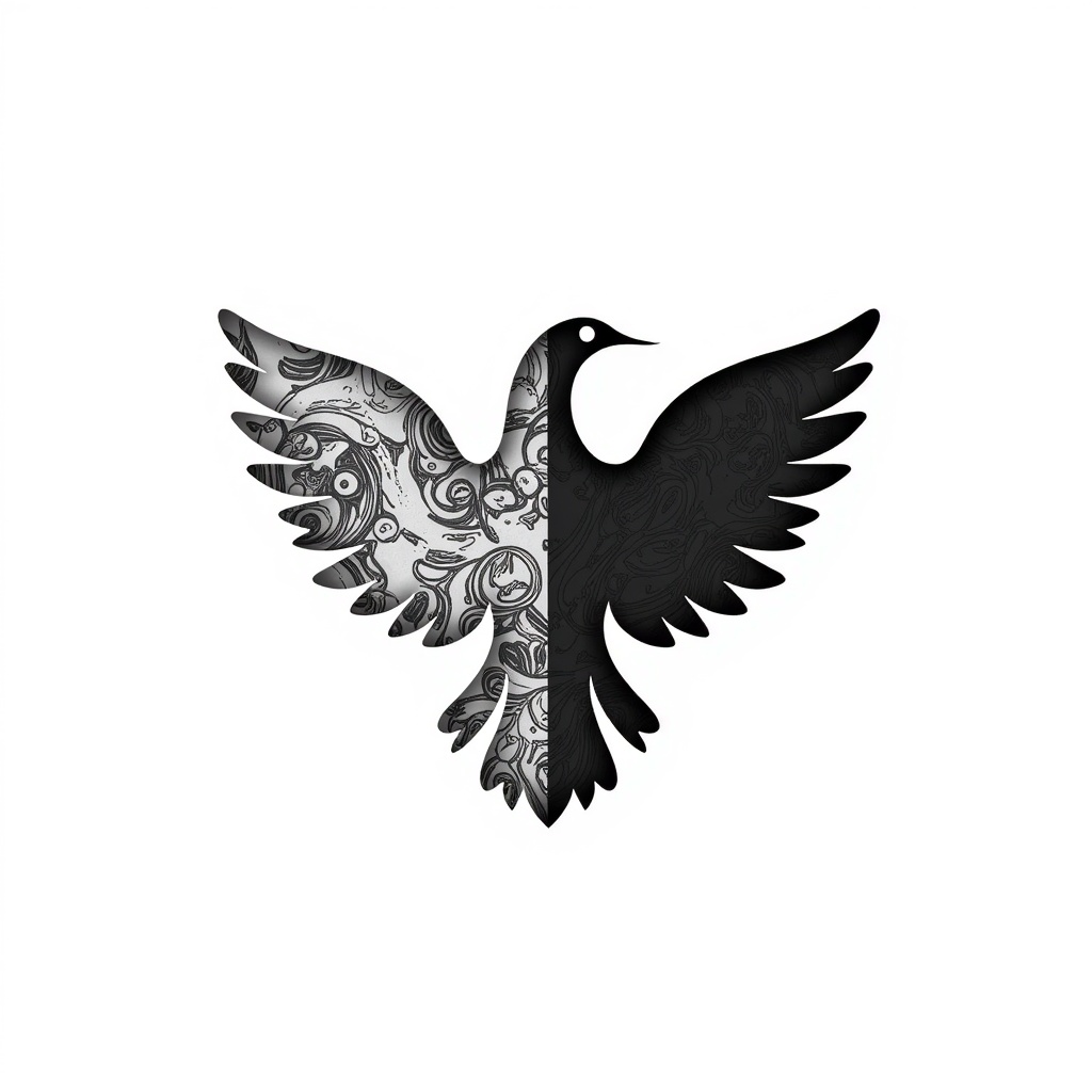 Simple Logo Concept for Bio-Mechanical Hybrids: A logo design featuring the silhouette of an animal (e.g., a bird or fish) where one half is rendered with organic textures (e.g., scales, feathers) and the other half transitions cleanly into a geometric mechanical pattern (e.g., circuit lines, articulated plates).