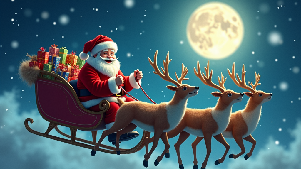 A cheerful Santa Claus in his classic red suit, riding his sleigh laden with an assortment of colorful wrapped presents and pulled by his loyal team of reindeer across a starry night sky. Snow gently falls from the sky as the full moon casts a magical glow, highlighting Santa's journey through the winter night.