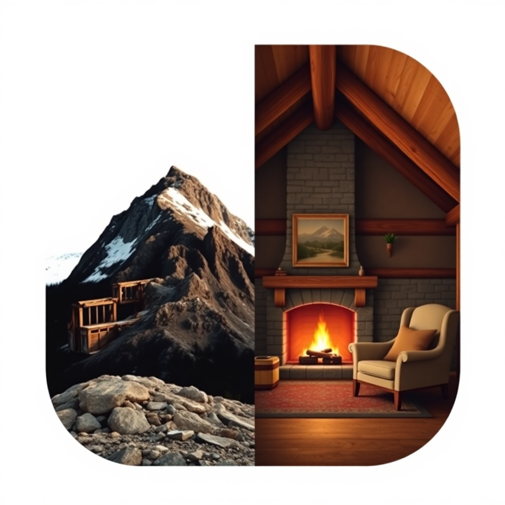 A split-screen design, one side showing a rugged mountain peak with rocky terrain, the other side displaying a close-up of a cozy cottage interior with a fireplace and comfy armchair.