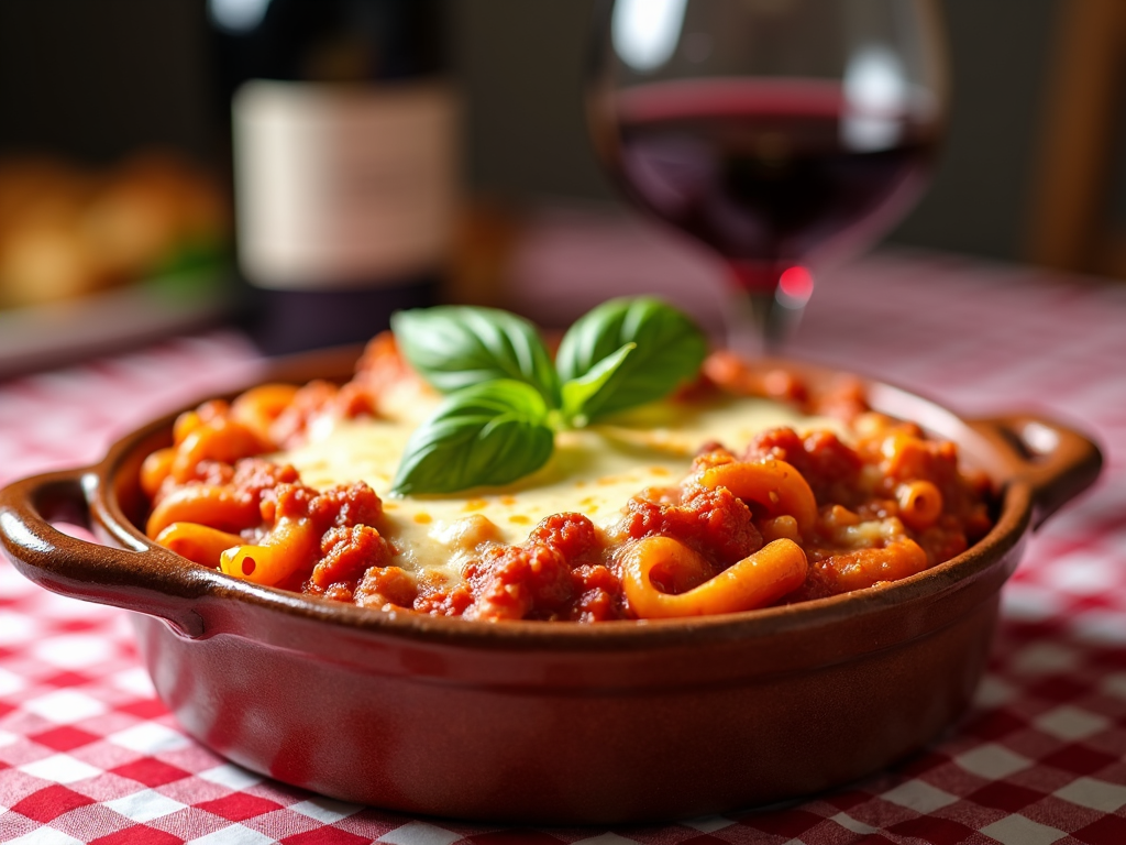 Baked ziti served on a dining table with a side of Italian red wine, set on a red checked tablecloth, capturing the essence of a cozy, traditional Italian meal gathering.