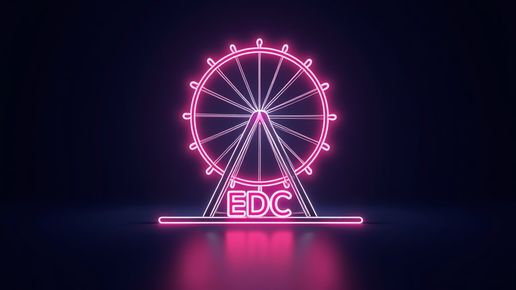 Iconic Neon Glow Wheel: A bold, minimalist iconic outline of the Ferris wheel rendered in bright, glowing neon lines on a dark background. 'EDC' text can be placed simply and symmetrically, suitable for a striking emblem.