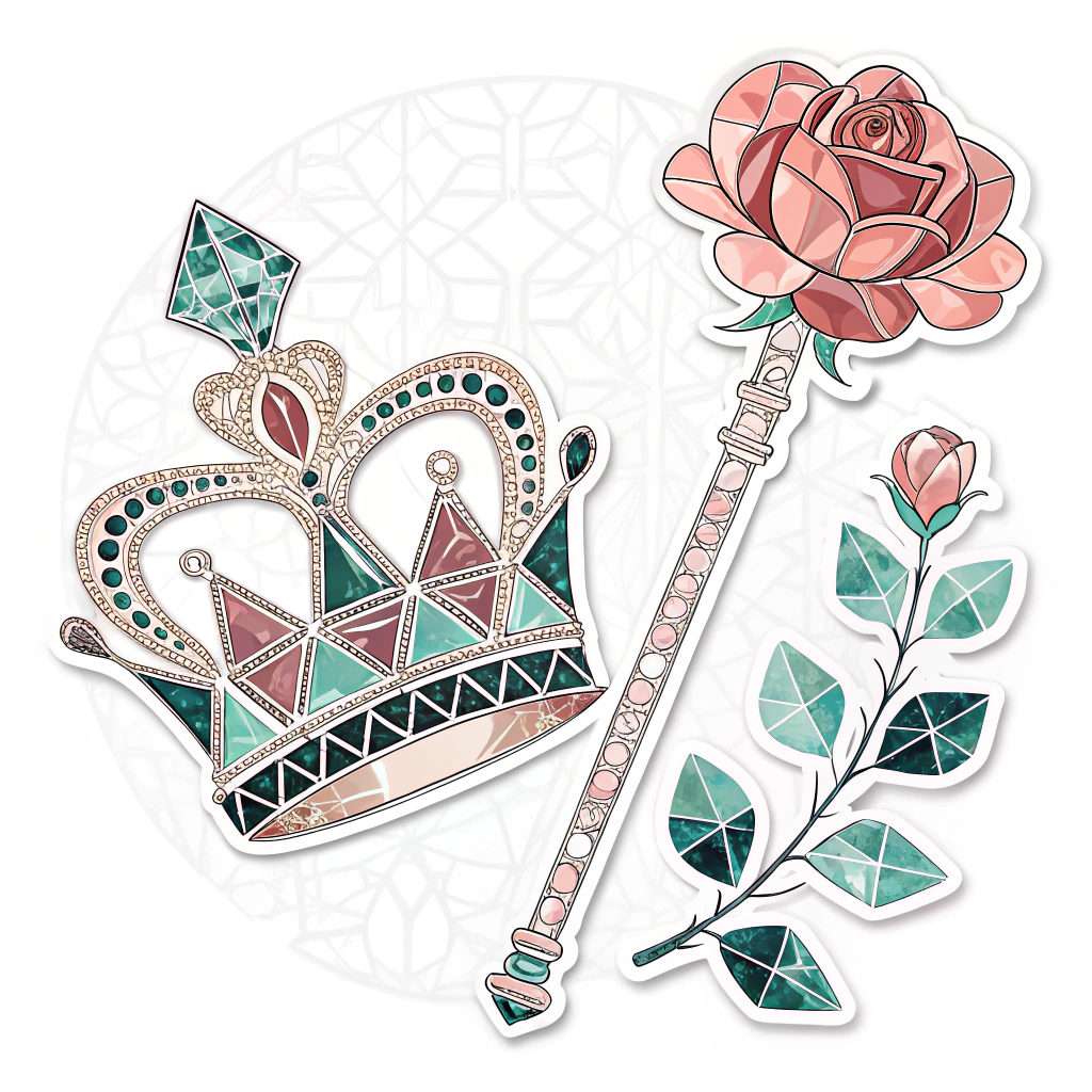 Geometric Rose Royalty: A crown and scepter constructed from geometric shapes, where rose petals form facets of the jewels. Uses a contemporary color palette like rose gold, mint, and charcoal.