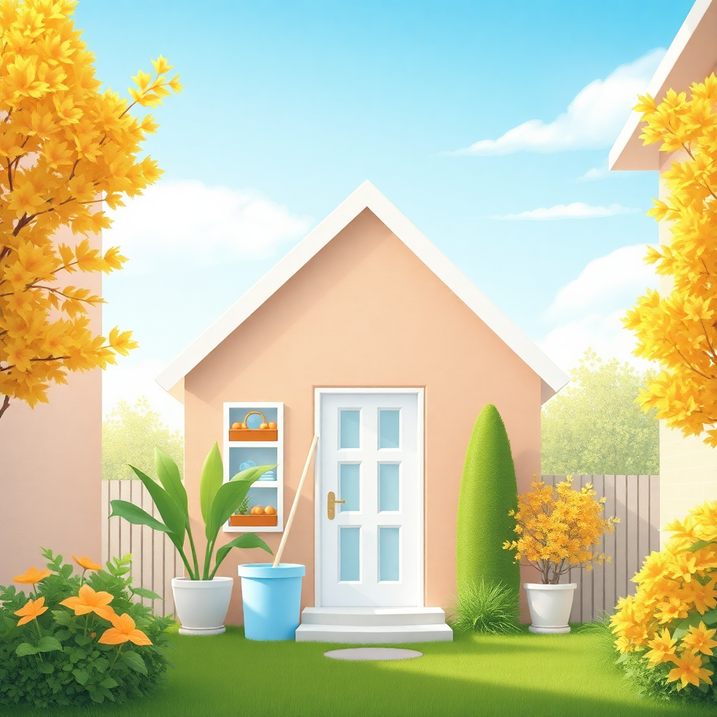 The image is a digital illustration of a small house with a pink exterior and a white door. The house is surrounded by a well-manicured lawn and a wooden fence. On the left side of the image, there is a tree with bright yellow leaves, and on the right side, there are two potted plants with orange flowers. The sky is blue with white clouds, and there are trees in the background. The overall color scheme of the illustration is bright and cheerful, with shades of pink, yellow, and green.