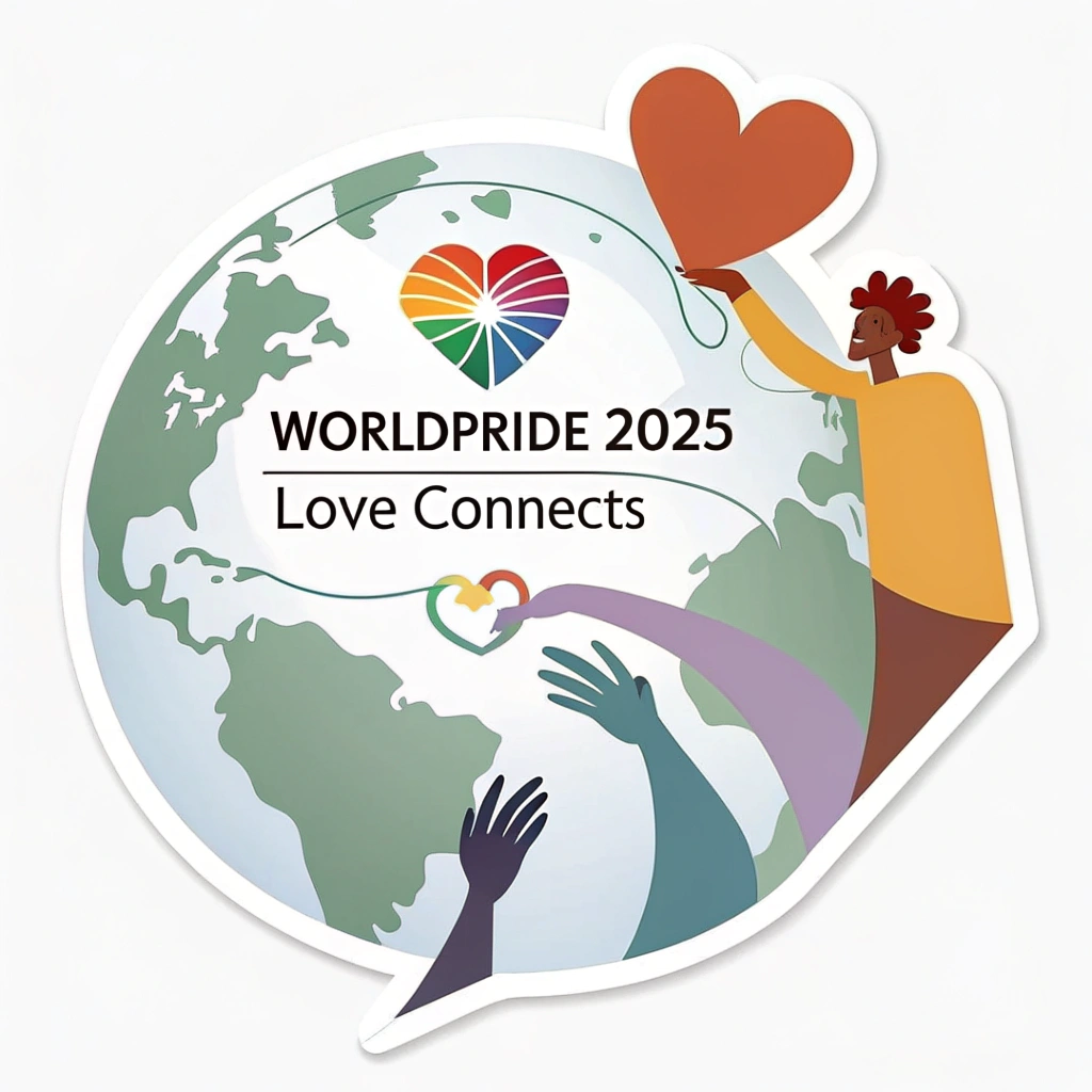 Unity Embrace Sticker: Design depicts a simplified globe or a portion of the world map being gently embraced by abstract, diverse hands or figures. A prominent, vibrant pride heart is positioned centrally, either on the globe or held by the figures. Text 'WorldPride 2025' and 'Love Connects' are included.