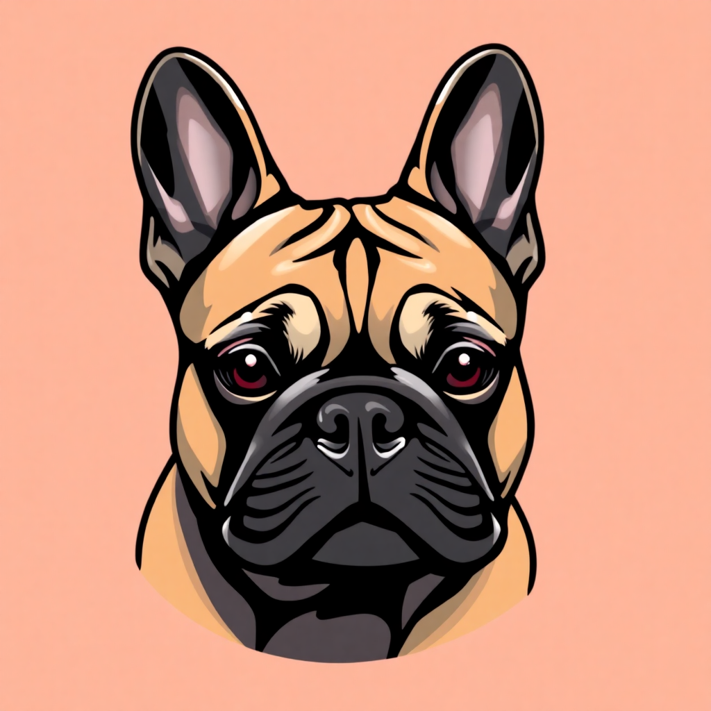 The image is a digital illustration of a French Bulldog's face. The dog is facing towards the left side of the image, with its head turned slightly to the right. The background is a light peach color, and the dog's fur is a mix of light brown and black. Its eyes are a deep red color and its nose is black with a wrinkled texture. Its ears are large and pointed, and its mouth is slightly open, as if it is looking directly at the viewer. The overall style of the illustration is cartoon-like, with bold lines and bright colors.