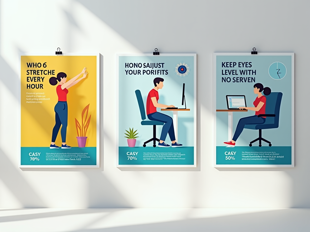 Develop a series of mini-posters, each focusing on one specific ergonomic action (e.g., 'Stretch Every Hour', 'Set Your Chair Right', 'Eyes Level with Screen'), using simple graphics and bold text for easy recall.