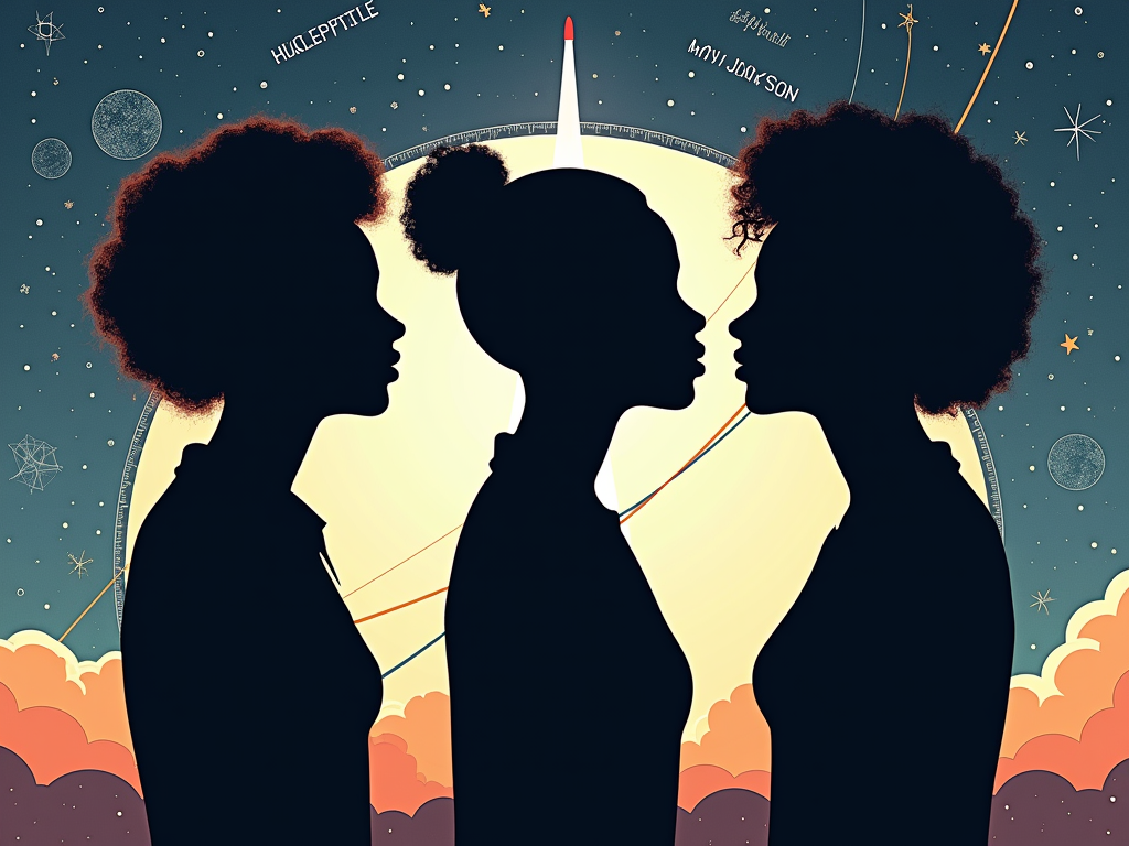 Katherine Johnson & 'Hidden Figures' homage: Design featuring silhouettes or minimalist portraits of Katherine Johnson, Dorothy Vaughan, and Mary Jackson against a backdrop of celestial charts, orbital paths, or a rocket launch.