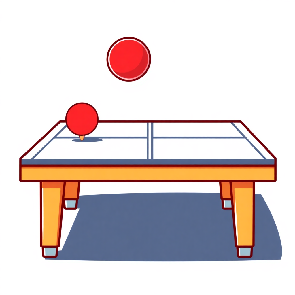 The image is an illustration of a ping pong table. The table is rectangular in shape with a blue top and orange legs. On top of the table, there are two red ping-pong balls, one on each side. The ball on the left is slightly larger than the one on the right. The background is white. The image is drawn in a simple, cartoon-like style.