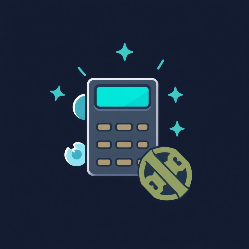 The image is an illustration of a calculator with a blue screen. The calculator is in the center of the image and is surrounded by small blue stars. On the left side of the calculator, there is a blue speech bubble and a green dollar sign. The background is dark blue. The overall design is simple and minimalistic.