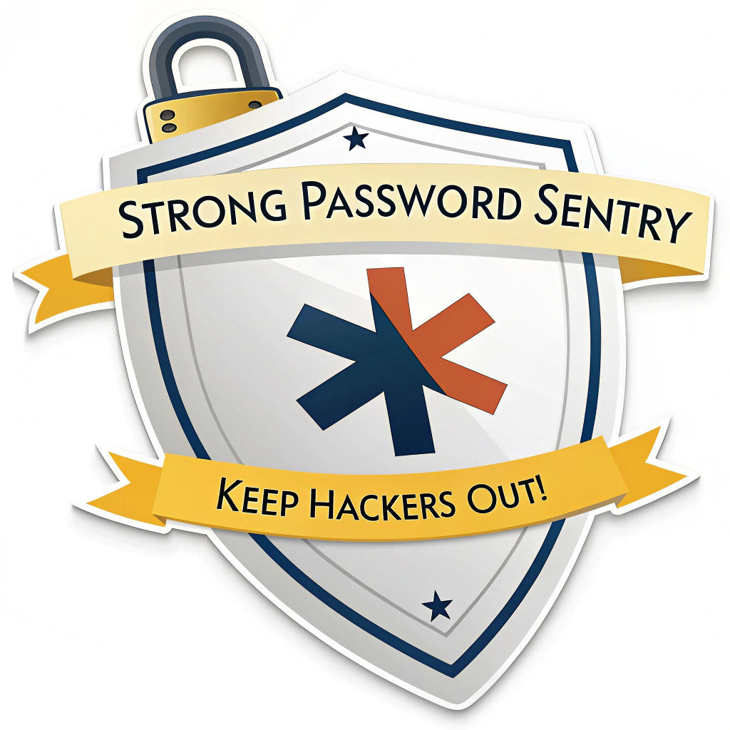 A stylized shield emblem featuring a prominent, bold asterisk (*) or a secure padlock in the center. The text 'Strong Password Sentry' could be arched above the shield, and 'Keep Hackers Out!' as a banner below. Color scheme: blues, silvers, and a touch of warning yellow/orange.