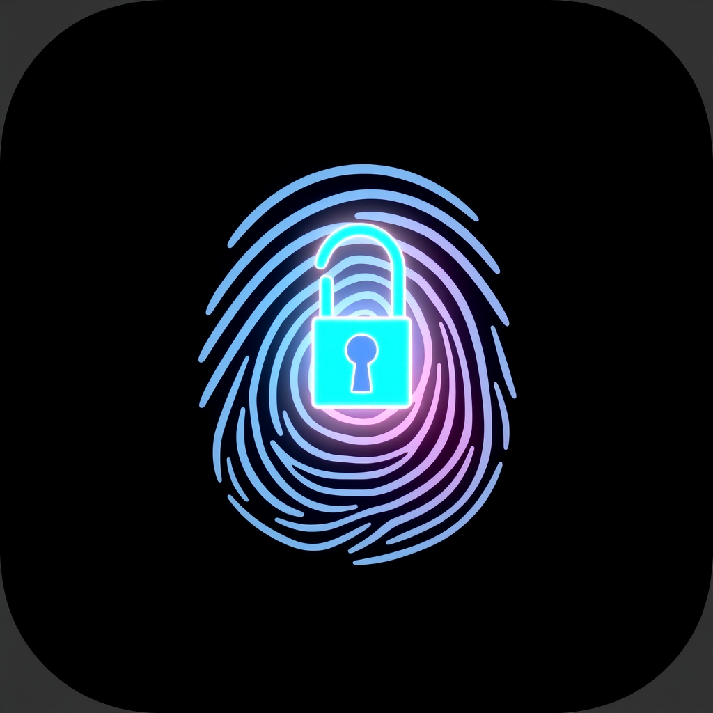 A fingerprint icon with a small, glowing digital lock integrated into its center or along one of the main ridges.