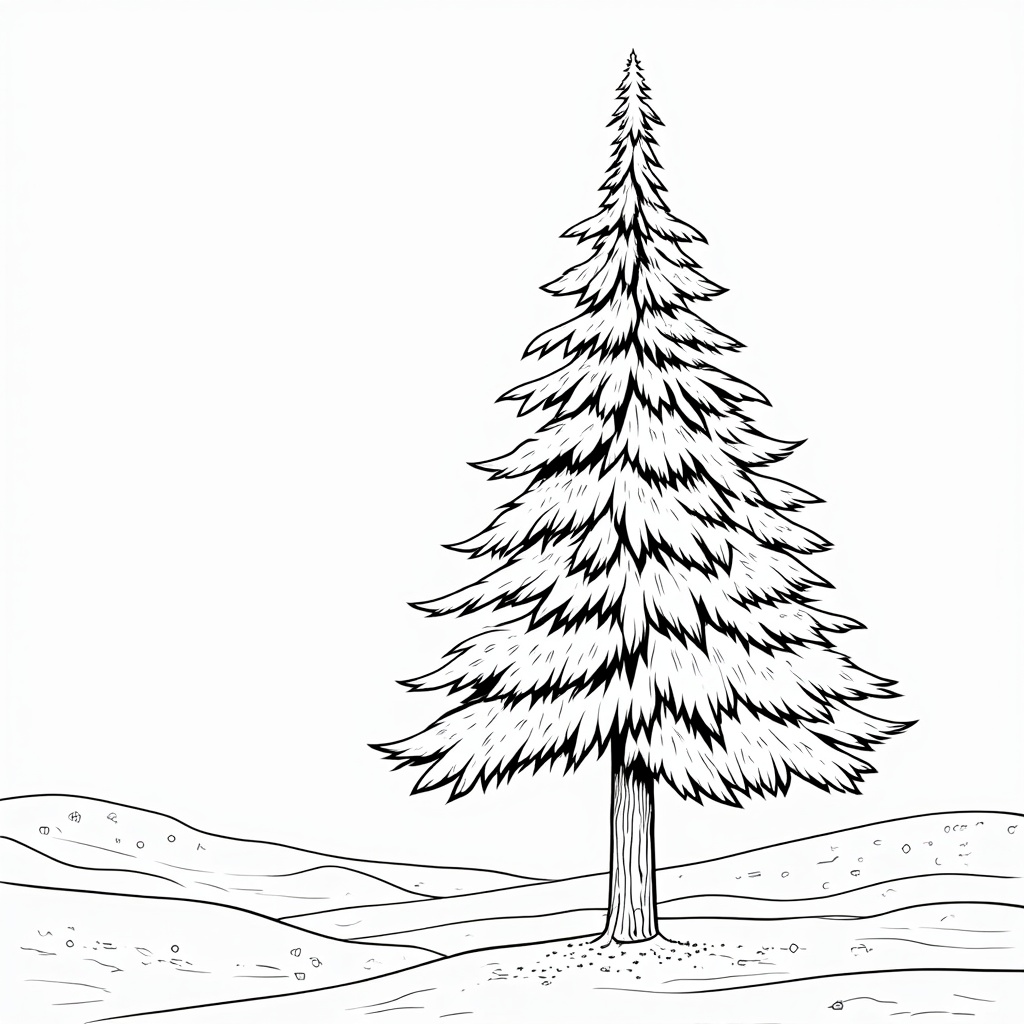 The image is a black and white line drawing of a tall pine tree. The tree is standing on a flat surface with a few small rocks scattered around it. The trunk of the tree is tall and slender, with a pointed top and a conical trunk. The branches are covered in a thick layer of snow, giving the tree a wintery appearance. The background is plain white, making the tree stand out. The overall mood of the image is peaceful and serene.