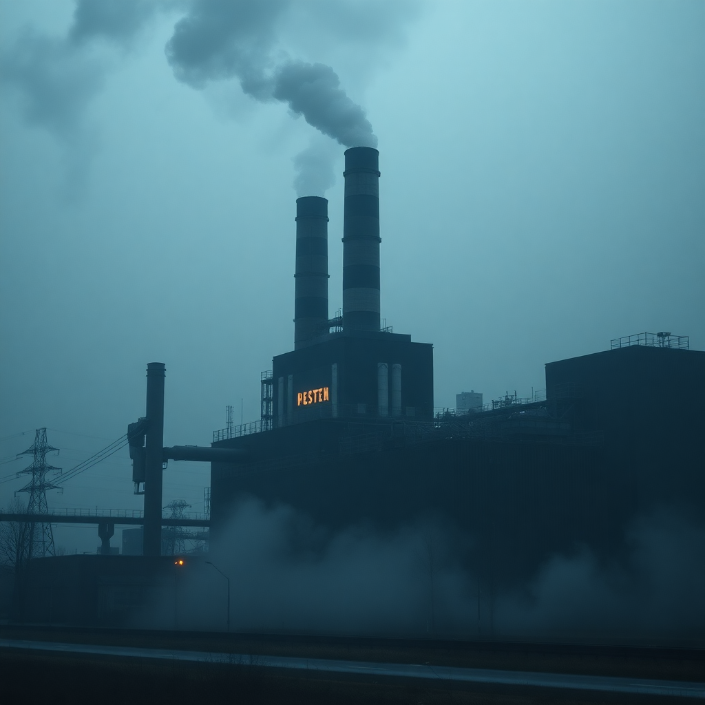  a large industrial plant with two tall chimneys emitting smoke into the sky. The chimneys are tall and cylindrical, with the word PESTON written on the side of one of them. The sky is a hazy blue color, and the smoke is billowing up into the air. In the background, there are other buildings and power lines visible. The image appears to be taken from a distance, as there is a road visible in the foreground. The overall mood of the image is dark and ominous.