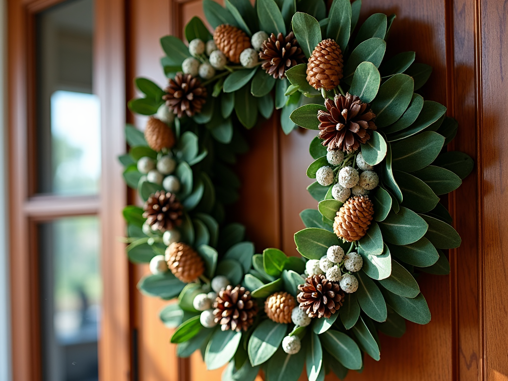 A luxurious door wreath crafted from fresh eucalyptus, pinecones, and seed pods, tied elegantly with a velvet ribbon, serving as a sophisticated and fresh entrance decor for the holiday season.