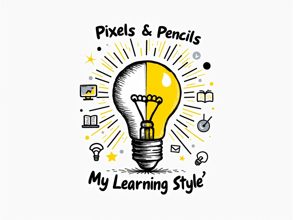 A central graphic showing a lightbulb that is half pixelated and half hand-drawn, symbolizing the fusion of ideas from digital and traditional learning. Surrounding elements could be smaller icons of tech (mouse, Wi-Fi) and traditional tools (open book, pen). The slogan 'Pixels & Pencils' above and 'My Learning Style' below.