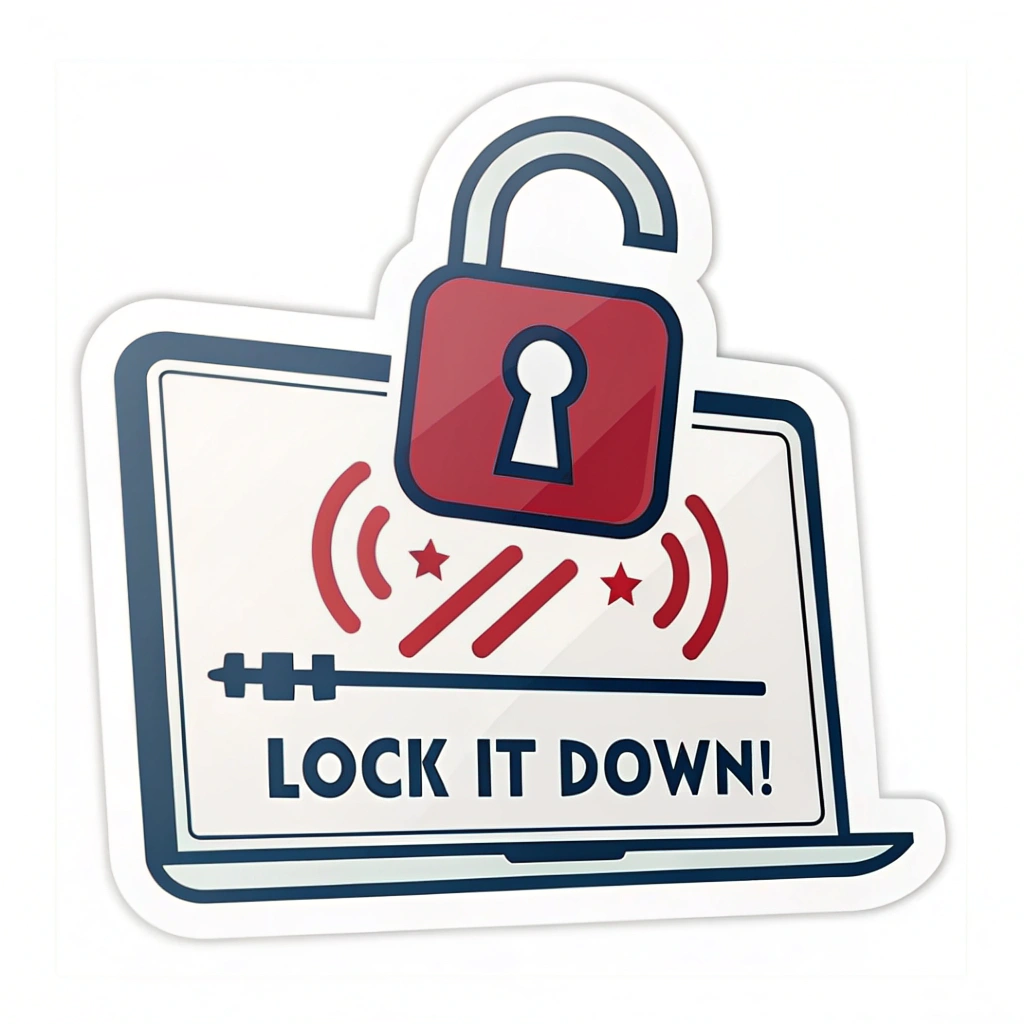 Sub-Design Idea 1: A sticker featuring a prominent, stylized padlock symbol superimposed on a simplified computer monitor or laptop screen graphic. The tagline 'Lock It Down!' is clearly visible below or integrated into the design.