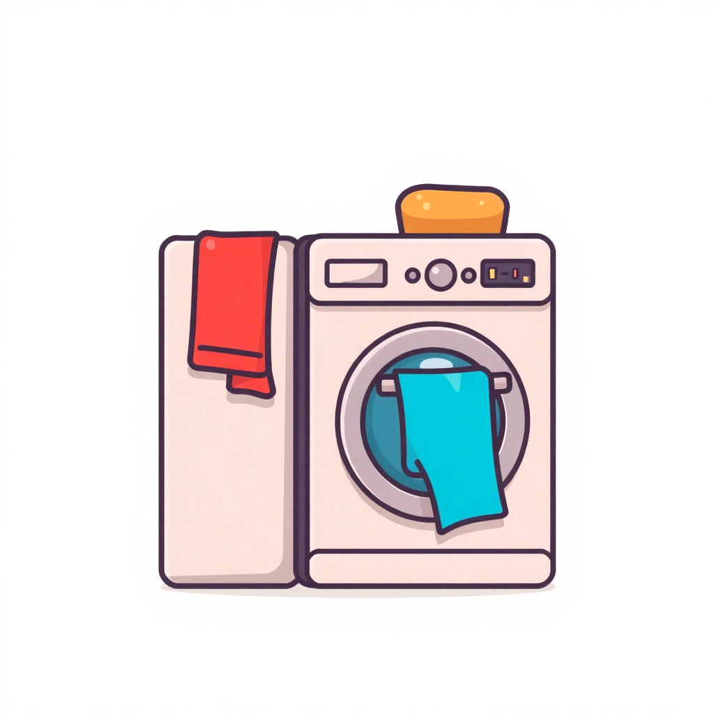 The image shows a cartoon washing machine with a red and blue towel hanging from it. The background is white, giving the image a clean and crisp look.