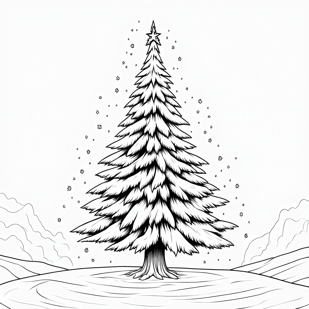 The image is a black and white line drawing of a Christmas tree. The tree is tall and slender with a pointed top and a conical trunk. It is covered in snowflakes and has a star on top. The background is a landscape with mountains and a body of water. The overall mood of the image is peaceful and serene.