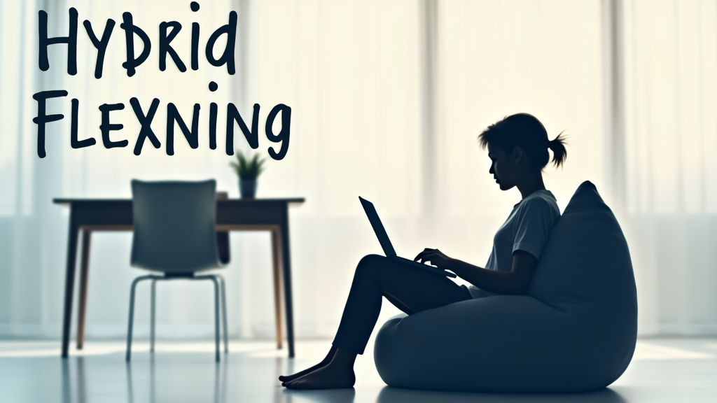 Design 4: 'The Adaptive Student' - A silhouette of a student comfortably using a laptop on a beanbag chair, with a traditional desk and chair fading into the background. The text 'Hybrid Learning' is in a modern font, with 'Flexible' highlighted.