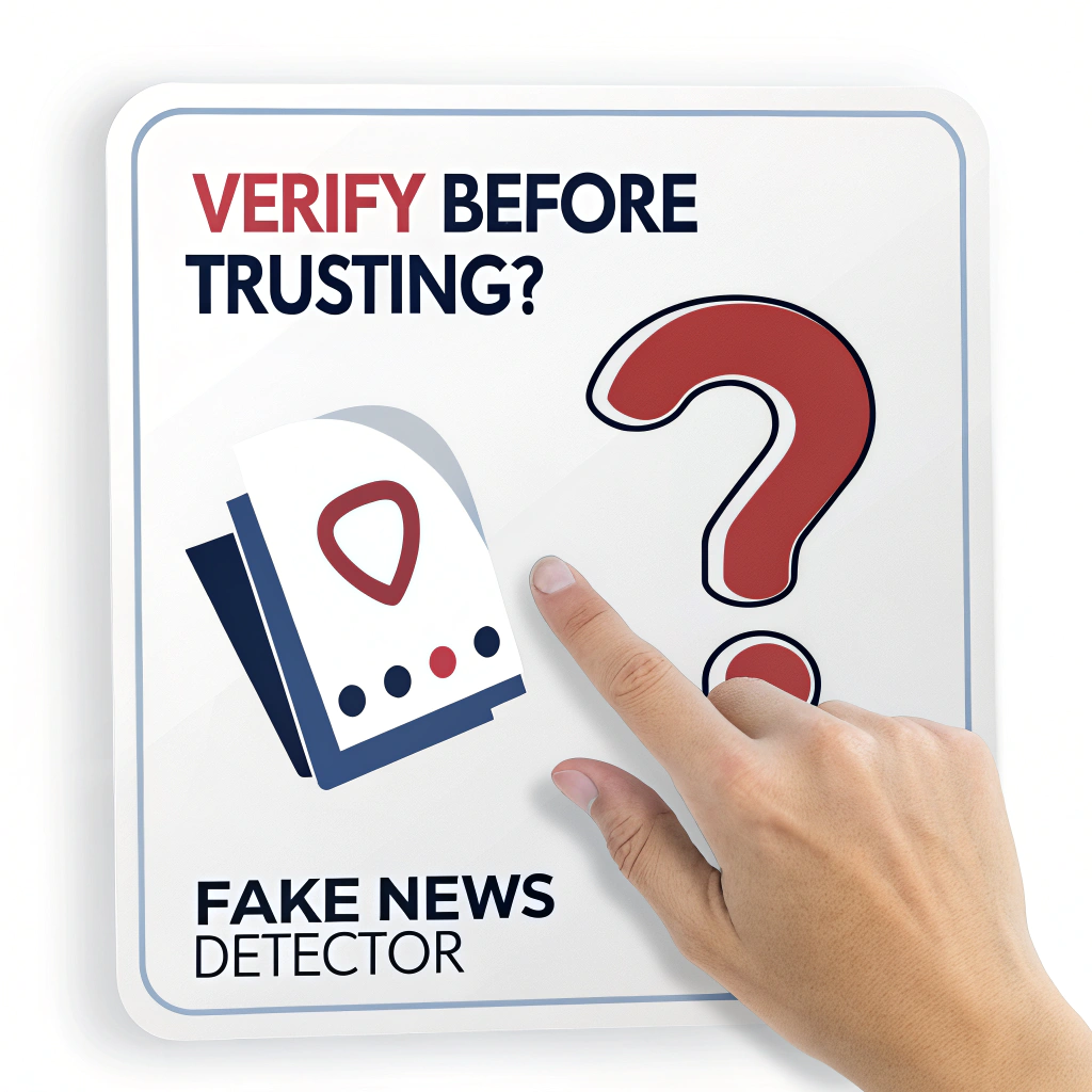 Sub Design Idea 4 (The 'Question Bubble'): A design emphasizing interaction. A finger is shown about to tap a 'share' button on a generic social media post, but a large, bold question mark in a speech bubble intercepts the action. The text 'Verify Before Trusting?' is prominent, with 'Fake News Detector' underneath.