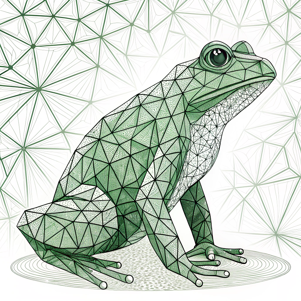 A sitting frog composed entirely of interconnected green triangles and polygons, viewed from the side.
