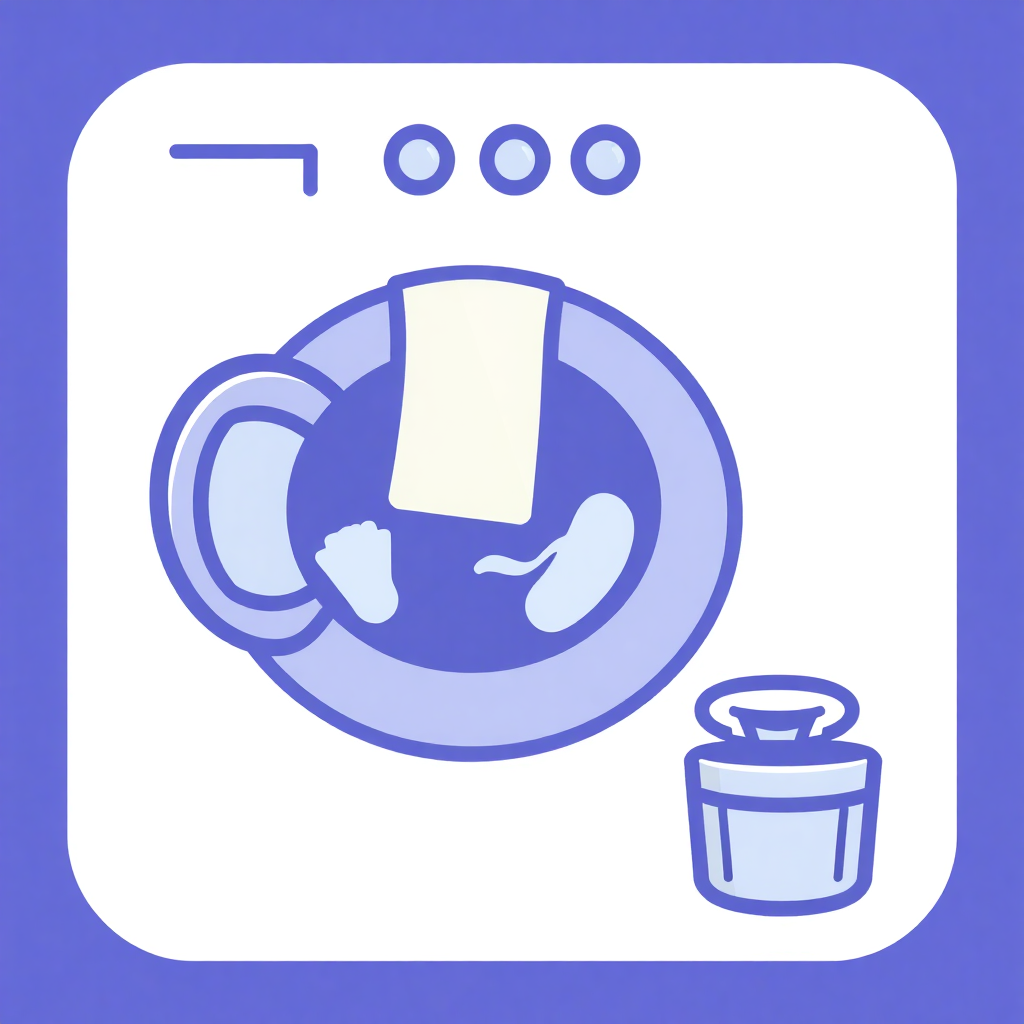 The image shows a blue and white icon of a washing machine with a cup of coffee on top of it. The cup is filled with a steaming hot beverage, likely coffee, and the background is a bright blue color.