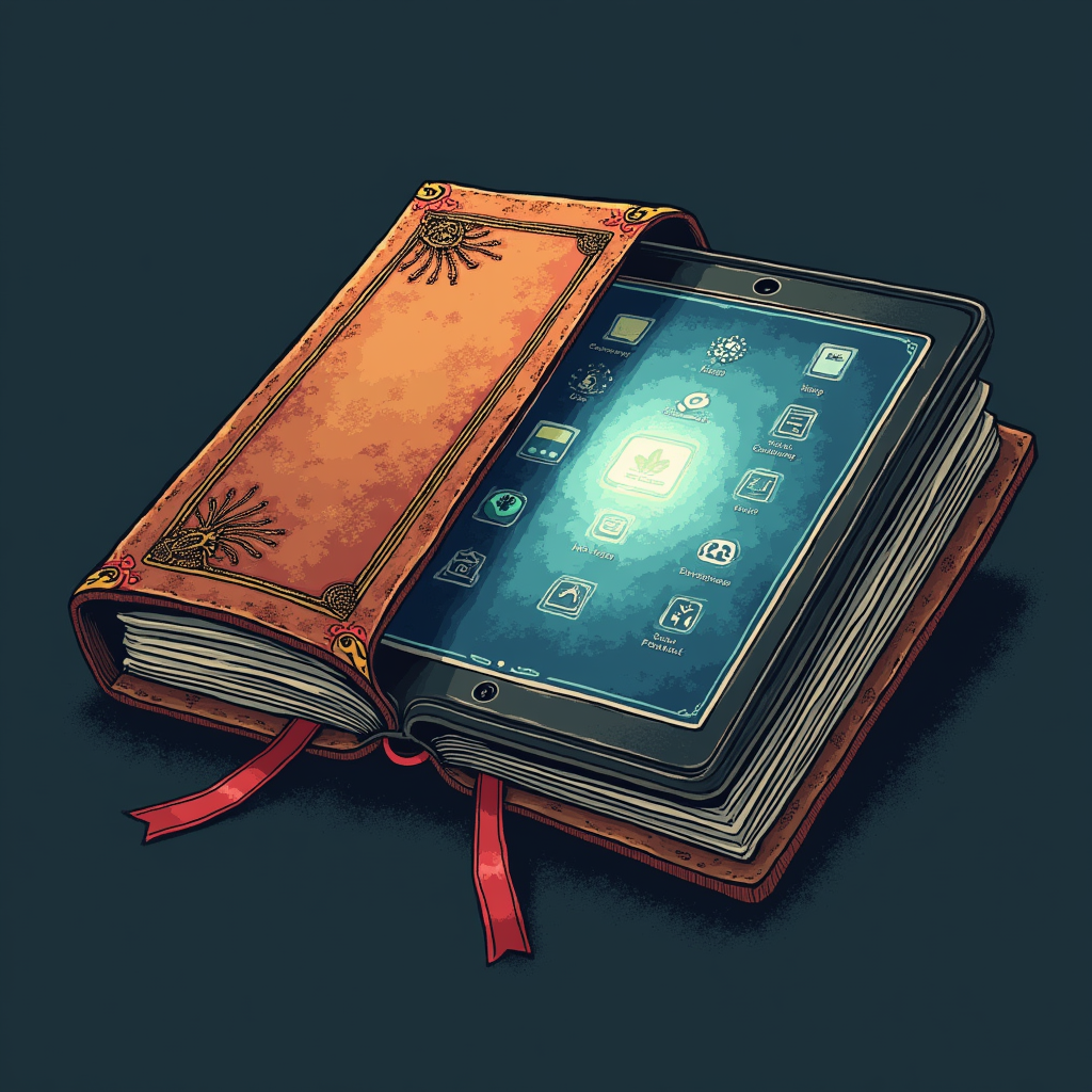 Graphic featuring a split image: half a traditional book, half a digital tablet, seamlessly merging.